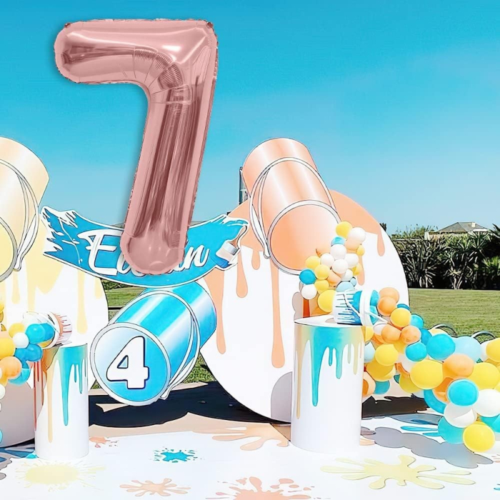 Balon din Folie Metalizata , Figurina Cifra, Tema Aniversare 40 cm, Ambalaj Individual, Pai inclus, Umflare cu Aer sau Heliu, Rose Gold, Cifra 7 [3]