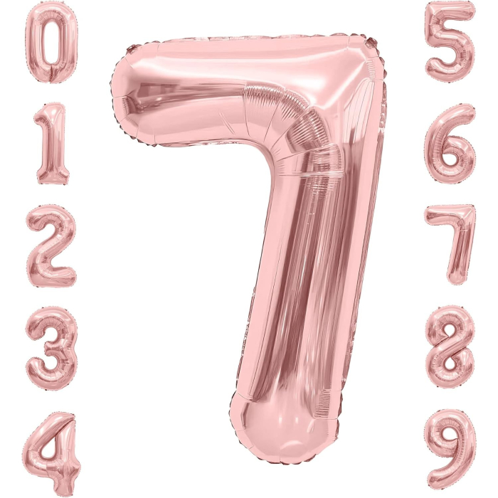 Balon din Folie Metalizata , Figurina Cifra, Tema Aniversare 40 cm, Ambalaj Individual, Pai inclus, Umflare cu Aer sau Heliu, Rose Gold, Cifra 7 [4]