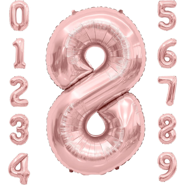 Balon din Folie Metalizata , Figurina Cifra, Tema Aniversare 40 cm, Ambalaj Individual, Pai inclus, Umflare cu Aer sau Heliu, Rose Gold, Cifra 8 [5]
