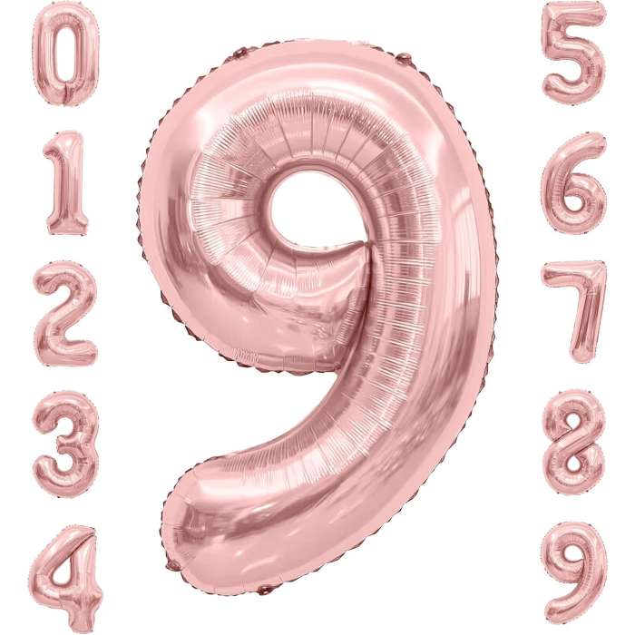 Balon din Folie Metalizata , Figurina Cifra, Tema Aniversare 40 cm, Ambalaj Individual, Pai inclus, Umflare cu Aer sau Heliu, Rose Gold, Cifra 9 [4]