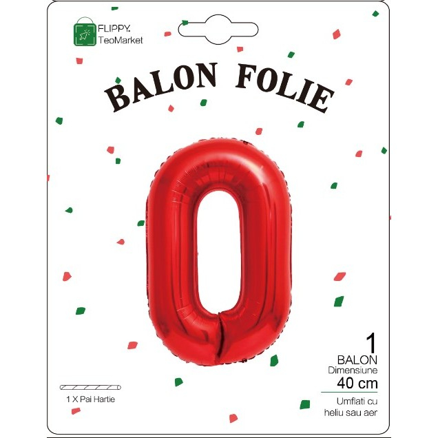 Balon din Folie Metalizata , Figurina Cifra, Tema Aniversare 40 cm, Ambalaj Individual, Pai inclus, Umflare cu Aer sau Heliu, Rosu, Cifra 0 [2]