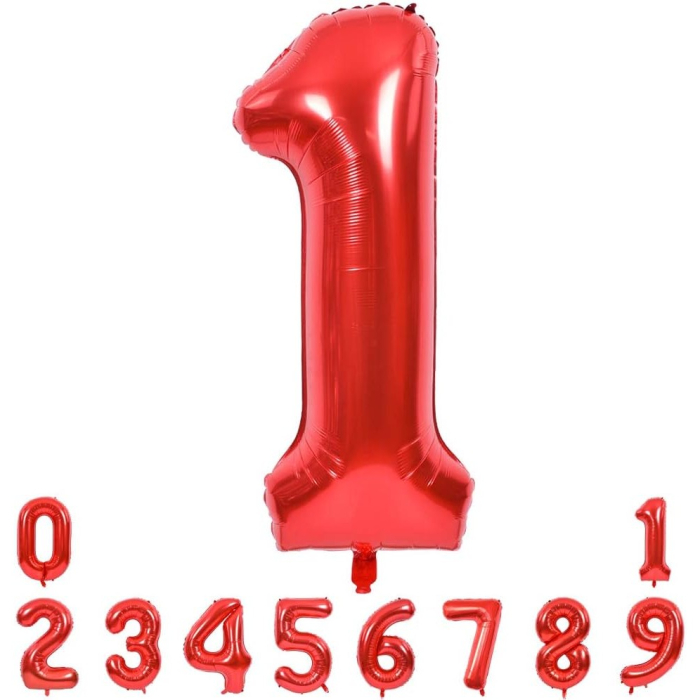 Balon din Folie Metalizata , Figurina Cifra, Tema Aniversare 40 cm, Ambalaj Individual, Pai inclus, Umflare cu Aer sau Heliu, Rosu, Cifra 1 [12]