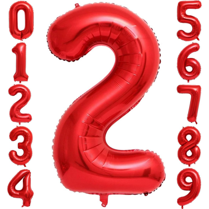 Balon din Folie Metalizata , Figurina Cifra, Tema Aniversare 40 cm, Ambalaj Individual, Pai inclus, Umflare cu Aer sau Heliu, Rosu, Cifra 2 [4]