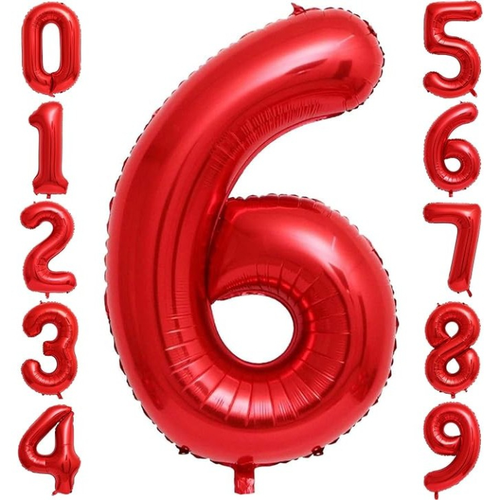 Balon din Folie Metalizata , Figurina Cifra, Tema Aniversare 40 cm, Ambalaj Individual, Pai inclus, Umflare cu Aer sau Heliu, Rosu, Cifra 6 [4]