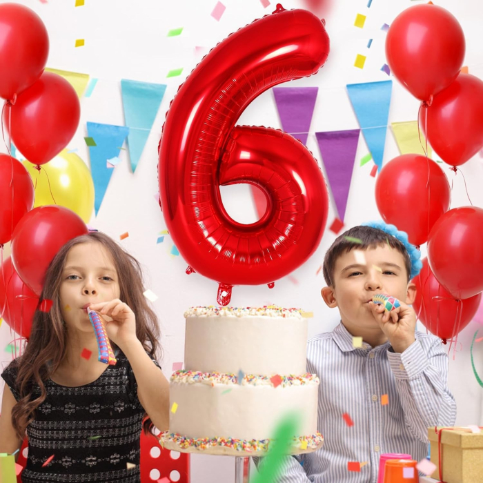 Balon din Folie Metalizata , Figurina Cifra, Tema Aniversare 40 cm, Ambalaj Individual, Pai inclus, Umflare cu Aer sau Heliu, Rosu, Cifra 6 [11]