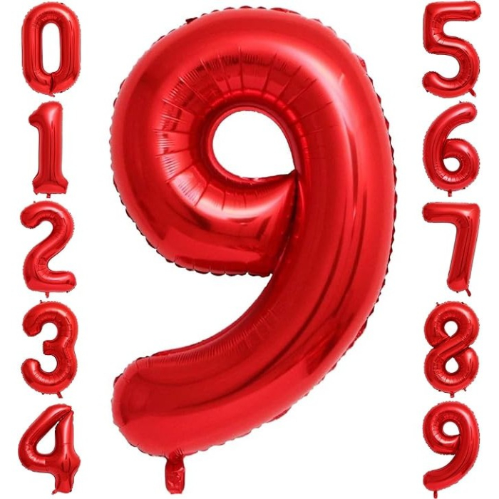 Balon din Folie Metalizata , Figurina Cifra, Tema Aniversare 40 cm, Ambalaj Individual, Pai inclus, Umflare cu Aer sau Heliu, Rosu, Cifra 9 [4]