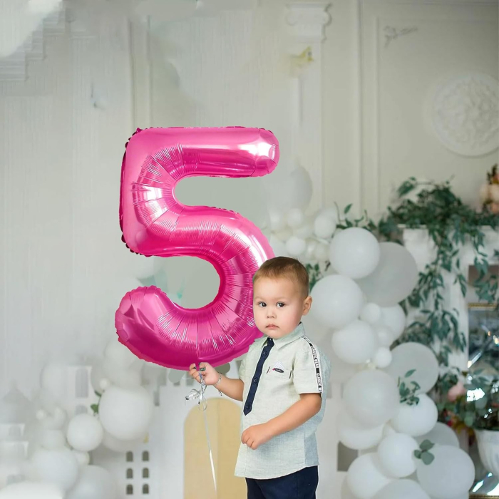 Balon din Folie Metalizata , Figurina Cifra, Tema Aniversare 40 cm, Ambalaj Individual, Pai inclus, Umflare cu Aer sau Heliu, Roz, Cifra 5 [4]