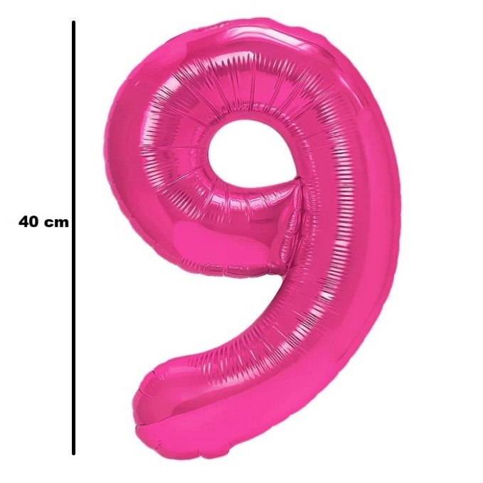 Balon din Folie Metalizata , Figurina Cifra, Tema Aniversare 40 cm, Ambalaj Individual, Pai inclus, Umflare cu Aer sau Heliu, Roz, Cifra 9 [2]