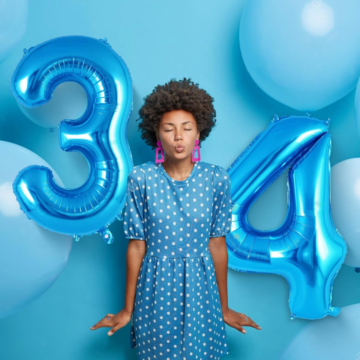 Balon din Folie Metalizata, , Figurina Cifra, Tema Aniversare 80 cm, Ambalaj Individual, Pai inclus, Umflare cu Aer sau Heliu, Albastru, Cifra 4 [4]