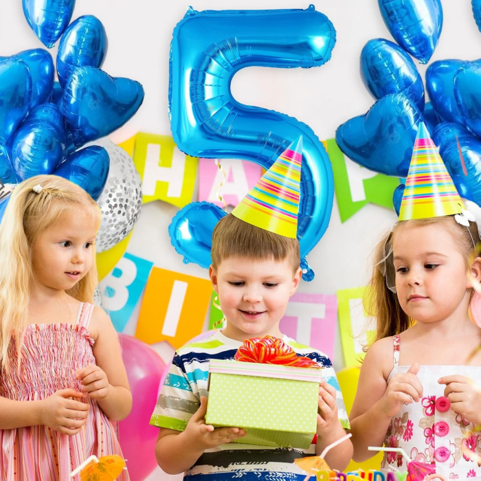 Balon din Folie Metalizata, , Figurina Cifra, Tema Aniversare 80 cm, Ambalaj Individual, Pai inclus, Umflare cu Aer sau Heliu, Albastru, Cifra 5 [5]