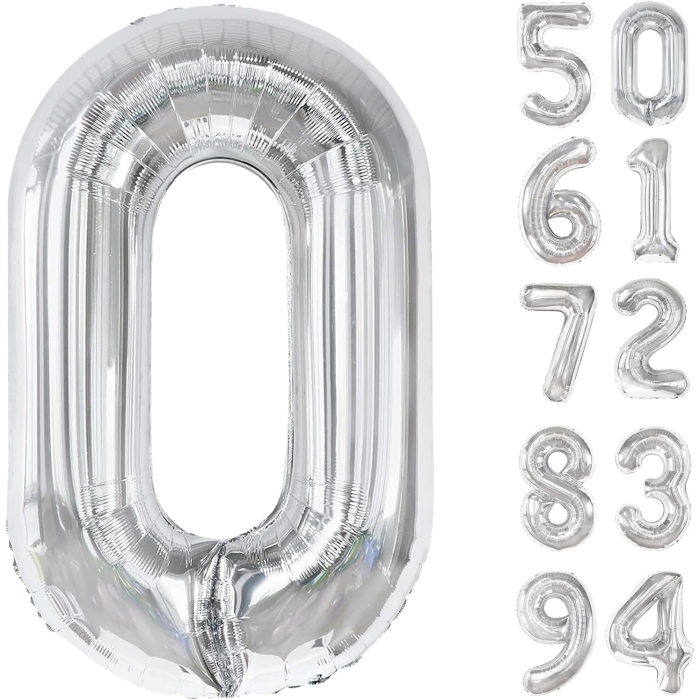 Balon din Folie Metalizata, , Figurina Cifra, Tema Aniversare 80 cm, Ambalaj Individual, Pai inclus, Umflare cu Aer sau Heliu, Argintiu, Cifra 0 [9]