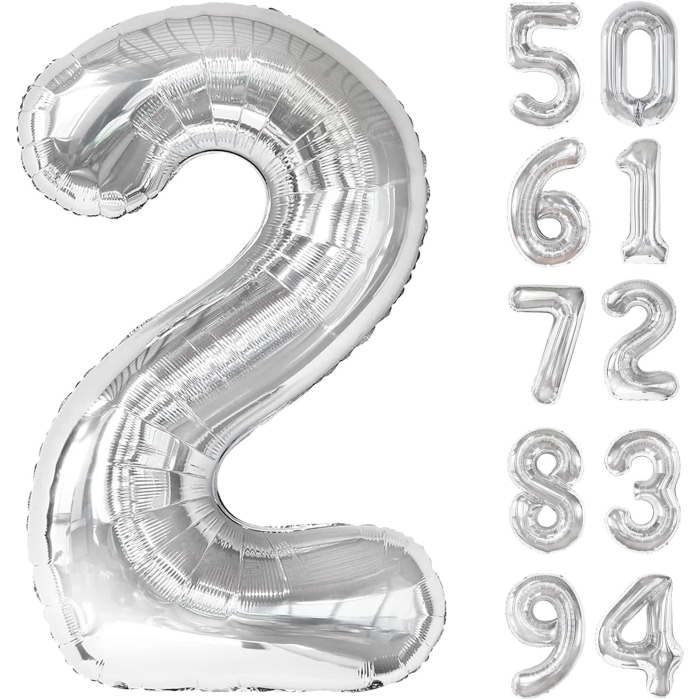 Balon din Folie Metalizata, , Figurina Cifra, Tema Aniversare 80 cm, Ambalaj Individual, Pai inclus, Umflare cu Aer sau Heliu, Argintiu, Cifra 2 [12]