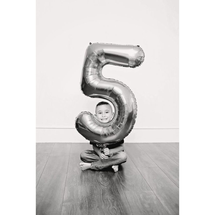 Balon din Folie Metalizata, , Figurina Cifra, Tema Aniversare 80 cm, Ambalaj Individual, Pai inclus, Umflare cu Aer sau Heliu, Argintiu, Cifra 5 [8]
