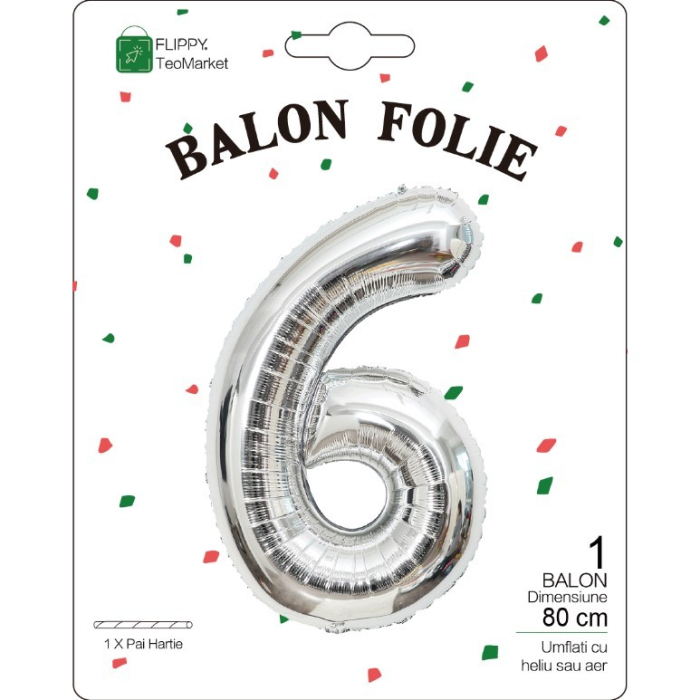 Balon din Folie Metalizata, , Figurina Cifra, Tema Aniversare 80 cm, Ambalaj Individual, Pai inclus, Umflare cu Aer sau Heliu, Argintiu, Cifra 6 [2]