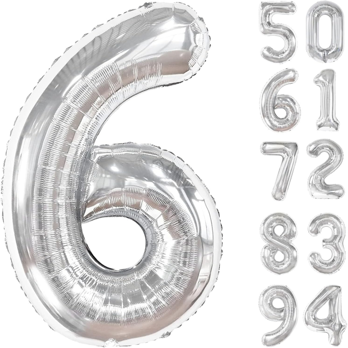 Balon din Folie Metalizata, , Figurina Cifra, Tema Aniversare 80 cm, Ambalaj Individual, Pai inclus, Umflare cu Aer sau Heliu, Argintiu, Cifra 6 [9]