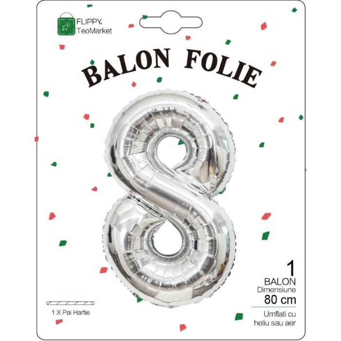 Balon din Folie Metalizata, , Figurina Cifra, Tema Aniversare 80 cm, Ambalaj Individual, Pai inclus, Umflare cu Aer sau Heliu, Argintiu, Cifra 8 [2]
