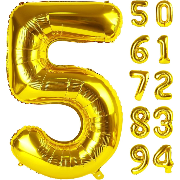 Balon din Folie Metalizata , Figurina Cifra, Tema Aniversare 80 cm, Ambalaj Individual, Pai inclus, Umflare cu Aer sau Heliu, Auriu, Cifra 5 [8]