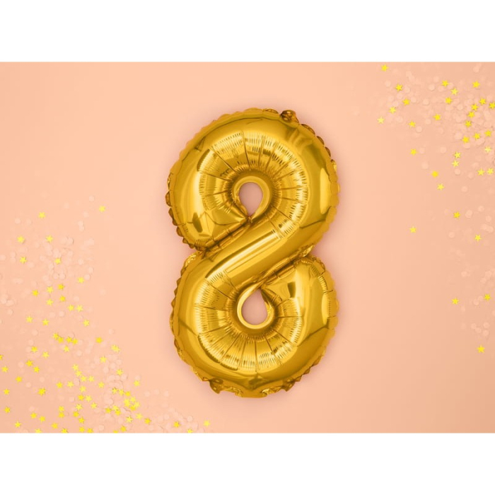 Balon din Folie Metalizata , Figurina Cifra, Tema Aniversare 80 cm, Ambalaj Individual, Pai inclus, Umflare cu Aer sau Heliu, Auriu, Cifra 8 [2]