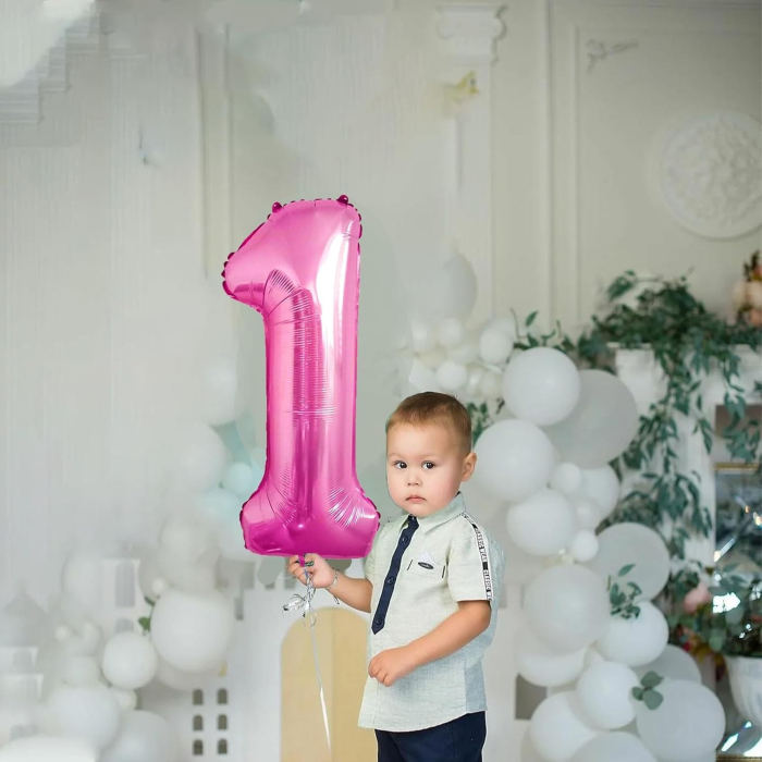 Balon din Folie Metalizata , Figurina Cifra, Tema Aniversare 80 cm, Ambalaj Individual, Pai inclus, Umflare cu Aer sau Heliu, Roz, Cifra 1 [3]