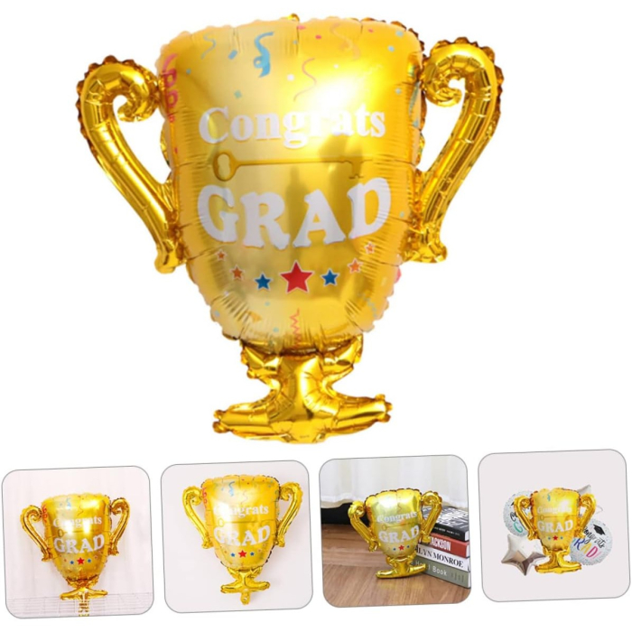 Balon din Folie Metalizata, , Figurina Cupa, Tema Absolvire, 65x72cm, Ambalaj Individual, Pai Inclus, Umflare cu Aer sau Heliu, Galben [3]