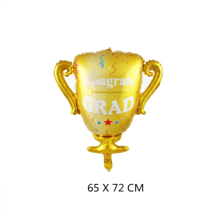 Balon din Folie Metalizata, , Figurina Cupa, Tema Absolvire, 65x72cm, Ambalaj Individual, Pai Inclus, Umflare cu Aer sau Heliu, Galben [2]
