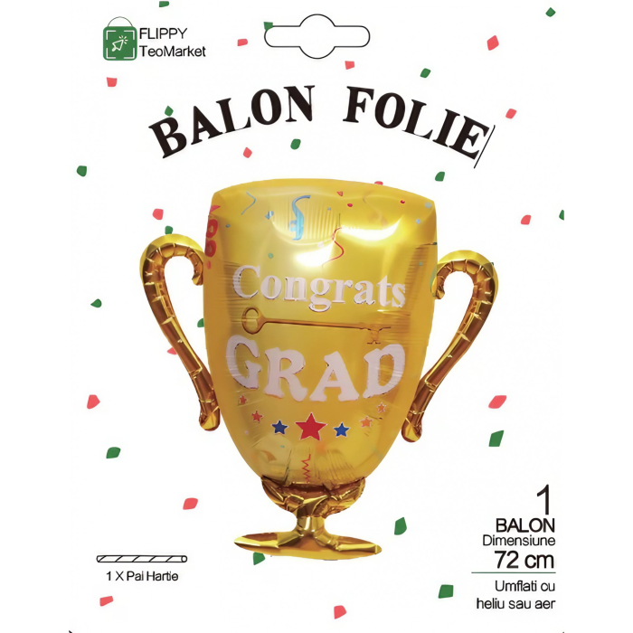 Balon din Folie Metalizata, , Figurina Cupa, Tema Absolvire, 65x72cm, Ambalaj Individual, Pai Inclus, Umflare cu Aer sau Heliu, Galben [8]
