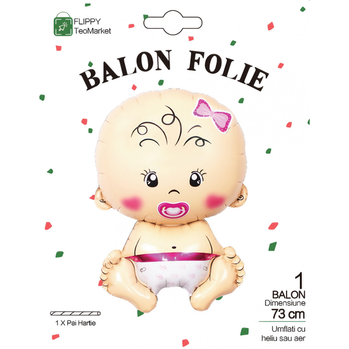 Balon din Folie Metalizata, , Figurina Fetita, Tema Botez, 73x48 cm, Ambalaj Individual, Pai Inclus, Umflare cu Aer sau Heliu, Roz [10]