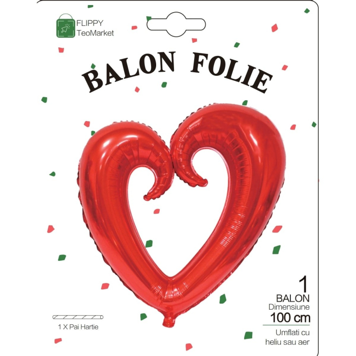 Balon din Folie Metalizata, , Figurina Inima Gigantica, Tema Ziua Indragostitilor, 100 cm, Ambalaj Individual, Pai Inclus, Umflare cu Aer sau Heliu, Rosu [4]