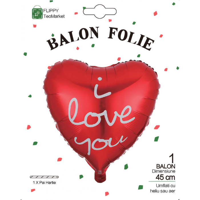 Balon din Folie Metalizata, , Figurina Inima, Model I Love You Scris de Mana, Tema Ziua Indragostitilor, 45 cm, Ambalaj Individual, Pai Inclus, Umflare cu Aer sau Heliu, Rosu [3]