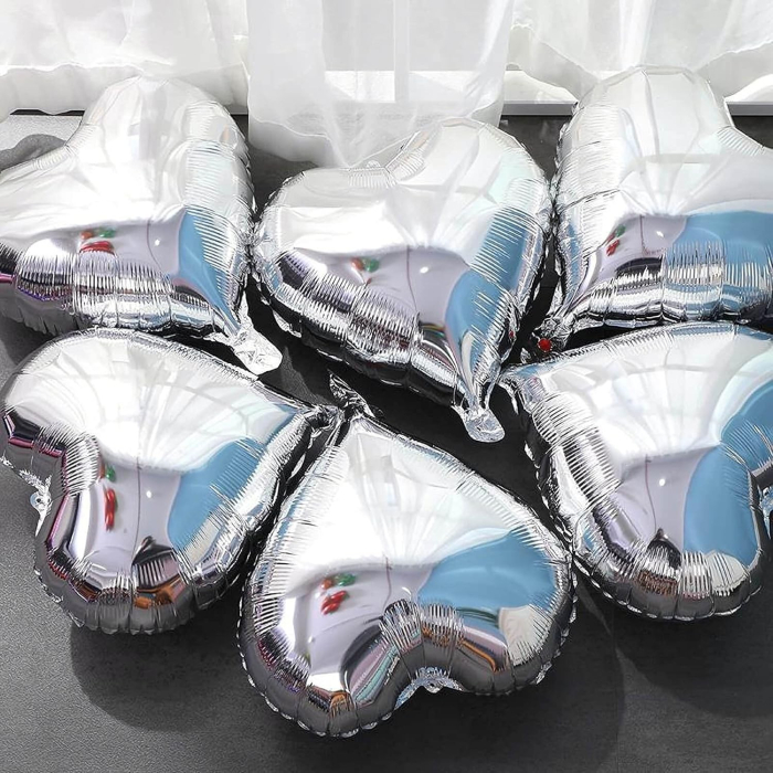 Balon din Folie Metalizata, , Figurina Inimioara, Model Simplu, Tematica Iubire, 40 cm, Ambalaj Individual, Pai Inclus, Umflare cu Aer sau Heliu, Argintiu [5]
