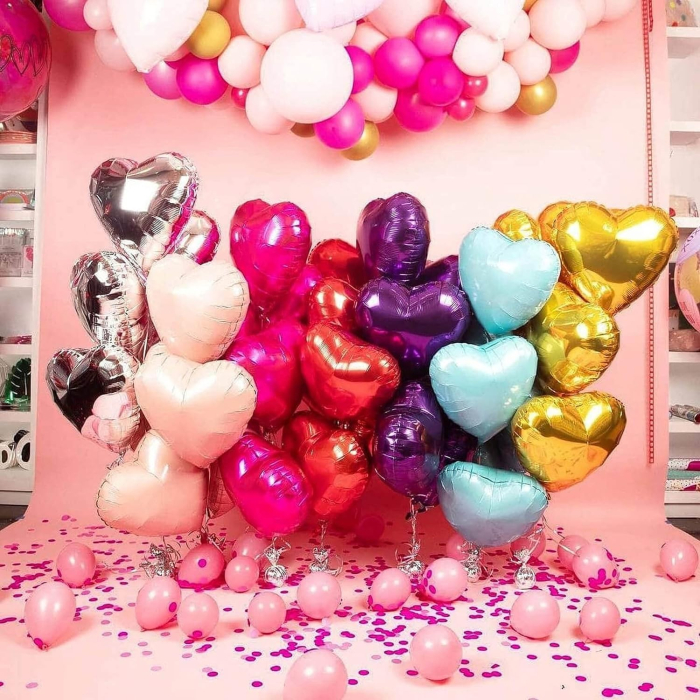 Balon din Folie Metalizata, , Figurina Inimioara, Model Simplu, Tematica Iubire, 40 cm, Ambalaj Individual, Pai Inclus, Umflare cu Aer sau Heliu, Roz [5]