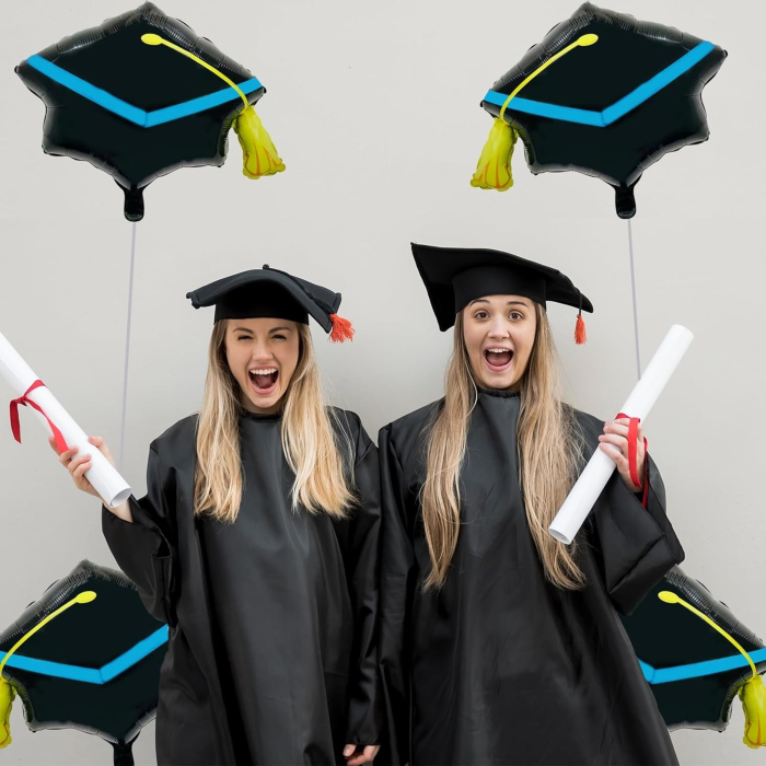 Balon din Folie Metalizata, , Figurina, Model Toca Congrats Grad, Tematica Absolvire, 56x70 cm, Ambalaj Individual, Pai Inclus, Umflare cu Aer sau Heliu, Negru-Albastru [4]