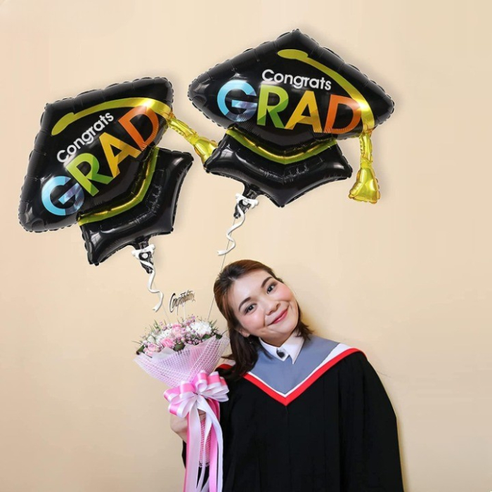Balon din Folie Metalizata, , Figurina, Model Toca Congrats Grad, Tematica Absolvire,  66x66 cm, Ambalaj Individual, Pai Inclus, Umflare cu Aer sau Heliu, Negru [6]