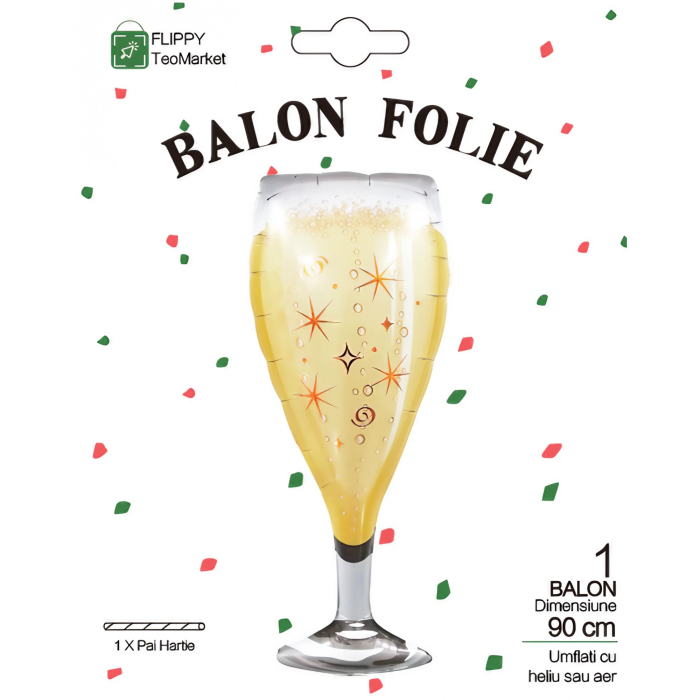 Balon din Folie Metalizata, , Figurina Pahar de Sampanie, Tema Aniversare, 100x40 cm, Ambalaj Individual, Pai Inclus, Umflare cu Aer sau Heliu, Auriu [6]