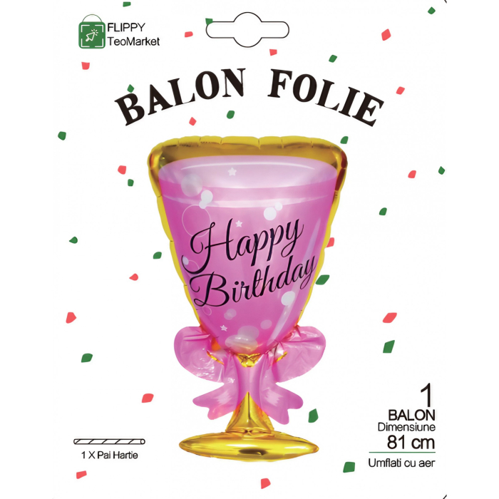 Balon din Folie Metalizata, , Figurina Pahar de Vin, Tema Aniversare, 93x48 cm, Ambalaj Individual, Pai Inclus, Umflare cu Aer sau Heliu, Roz [4]