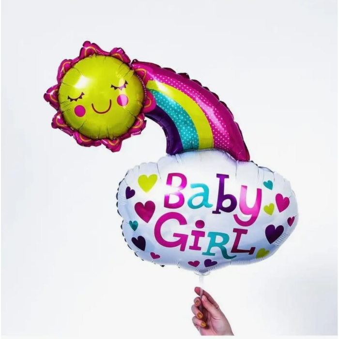 Balon din Folie Metalizata, , Figurina Soare si Nor, Tema Botez, 60x53 cm, Ambalaj Individual, Pai Inclus, Umflare cu Aer sau Heliu, Roz [4]