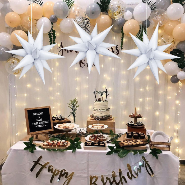 Balon din Folie Metalizata, , Figurina Stea 3D, 66 cm, Ambalaj Individual, Pai inclus, Umflare cu Aer sau Heliu, Alb [4]