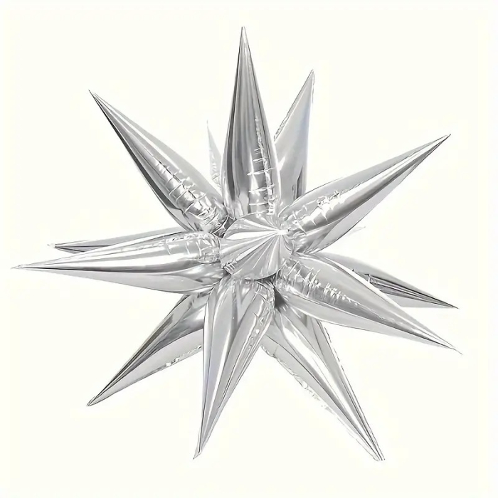 Balon din Folie Metalizata, , Figurina Stea 3D, 66 cm, Ambalaj Individual, Pai inclus, Umflare cu Aer sau Heliu, Argintiu [3]
