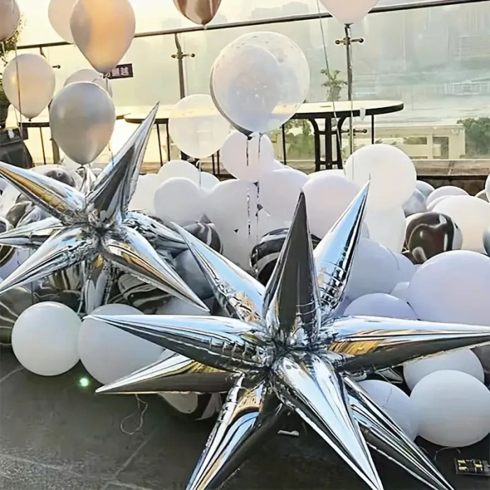 Balon din Folie Metalizata, , Figurina Stea 3D, 66 cm, Ambalaj Individual, Pai inclus, Umflare cu Aer sau Heliu, Argintiu [5]