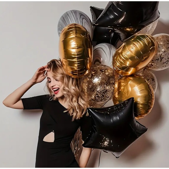 Balon din Folie Metalizata, , Figurina Stea, Model Simplu, Tematica Aniversare, 40 cm, Ambalaj Individual, Pai Inclus, Umflare cu Aer sau Heliu, Negru [8]