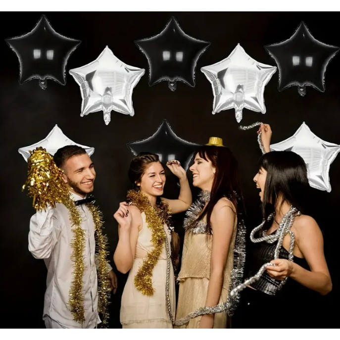 Balon din Folie Metalizata, , Figurina Stea, Model Simplu, Tematica Aniversare, 40 cm, Ambalaj Individual, Pai Inclus, Umflare cu Aer sau Heliu, Negru [5]