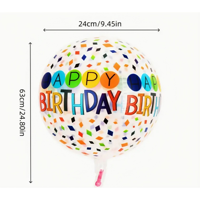 Balon din Folie Metalizata, , Figurine 4D, Model Happy Birthday, Tematica Aniversara Bombonele, 63x24 cm, Ambalaj Individual, Pai Inclus, Umflare cu Aer sau Heliu, Alb-Multicolor [3]