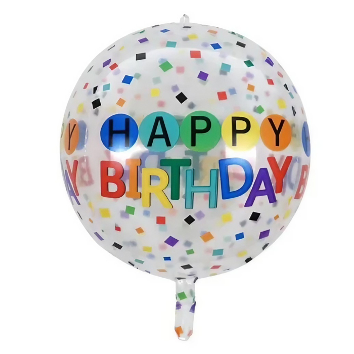 Balon din Folie Metalizata, , Figurine 4D, Model Happy Birthday, Tematica Aniversara Bombonele, 63x24 cm, Ambalaj Individual, Pai Inclus, Umflare cu Aer sau Heliu, Alb-Multicolor [7]