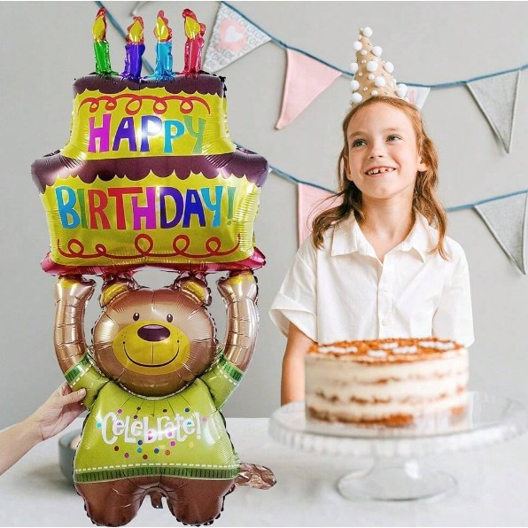 Balon din Folie Metalizata, , Figurine Animalute, Model Ursulet cu Tort Aniversar, 124x65 cm, Ambalaj Individual, Pai Inclus, Umflare cu Aer sau Heliu, Multicolor [10]