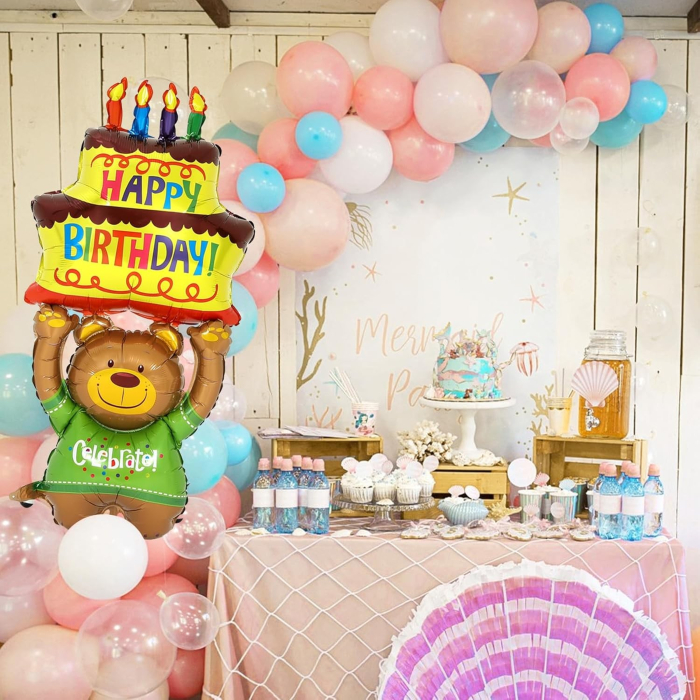 Balon din Folie Metalizata, , Figurine Animalute, Model Ursulet cu Tort Aniversar, 124x65 cm, Ambalaj Individual, Pai Inclus, Umflare cu Aer sau Heliu, Multicolor [4]