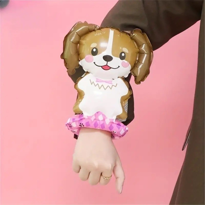 Balon din Folie Metalizata, , Figurine Animalute, Tip Bratara, Model Catel, 13 x 35 cm, Ambalaj Individual, Pai Inclus, Umflare cu Aer sau Heliu, Maro [2]