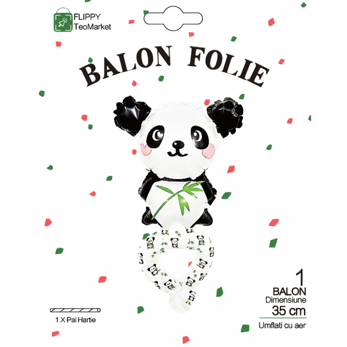 Balon din Folie Metalizata, , Figurine Animalute, Tip Bratara, Model Panda, 13 x 35 cm, Ambalaj Individual, Pai Inclus, Umflare cu Aer sau Heliu, Alb/Negru [6]
