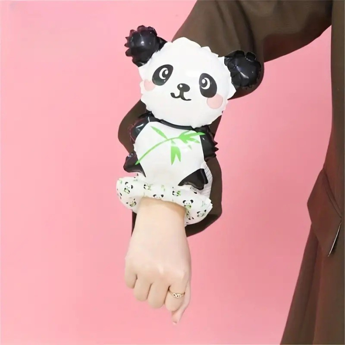 Balon din Folie Metalizata, , Figurine Animalute, Tip Bratara, Model Panda, 13 x 35 cm, Ambalaj Individual, Pai Inclus, Umflare cu Aer sau Heliu, Alb/Negru [2]