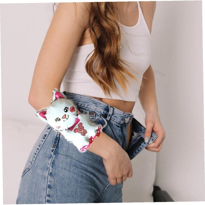 Balon din Folie Metalizata, , Figurine Animalute, Tip Bratara, Model Pisica, 13 x 35 cm, Ambalaj Individual, Pai Inclus, Umflare cu Aer sau Heliu, Alb [3]