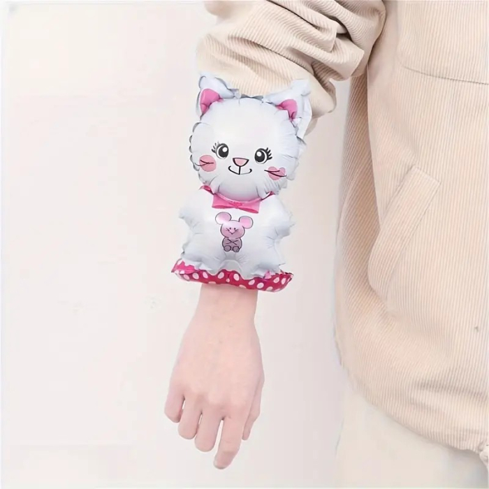 Balon din Folie Metalizata, , Figurine Animalute, Tip Bratara, Model Pisica, 13 x 35 cm, Ambalaj Individual, Pai Inclus, Umflare cu Aer sau Heliu, Alb [2]